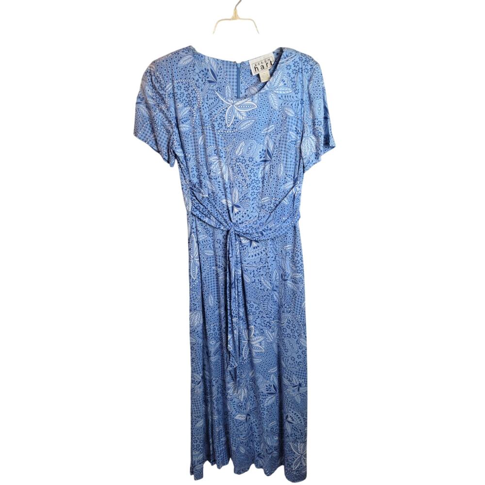NWT Keren Hart Dress Women's Sz Medium Blue Floral‎ Tie Front Short Sleeve